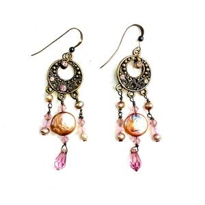 Artisan Craft Pink Pearl Crystal Chandelier Earrings